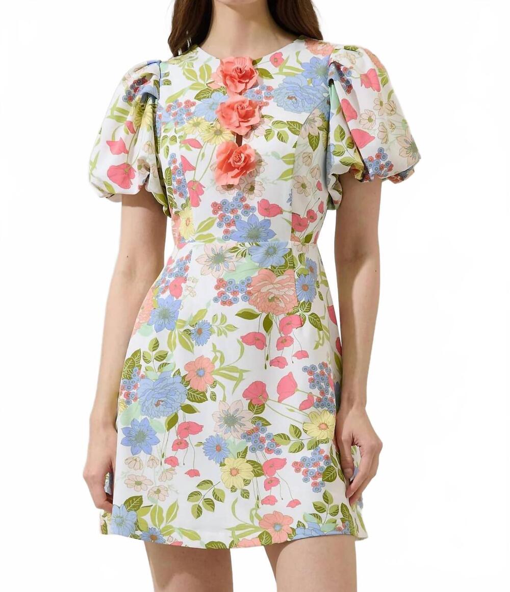 NEW SUGARLIPS rosette bubble sleeve mini dress in cream multi